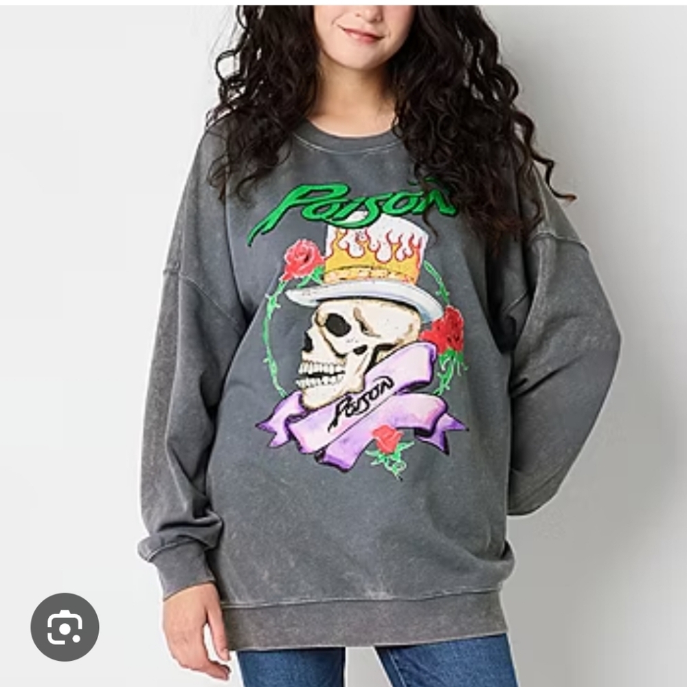 Poison Band Graphic Sweatshirt Faded Gray Skull Crown Crewneck Sweater Large